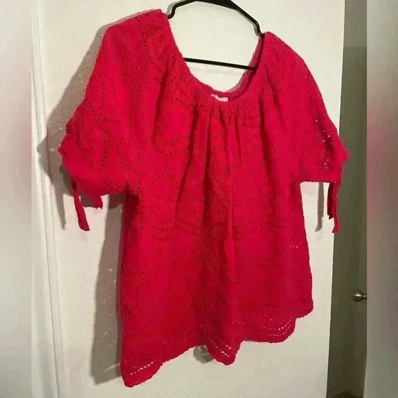 Sundance Eyelet Scoop Neck Short Sleeve Pink Blouse Top Womens Sz Petite Medium - Picture 2 of 9